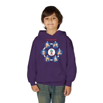Youth Heavy Blend Hooded Sweatshirt - Super kiddo teaching how to wash hands - [[{"value":"Wonderwear Kid"}]]