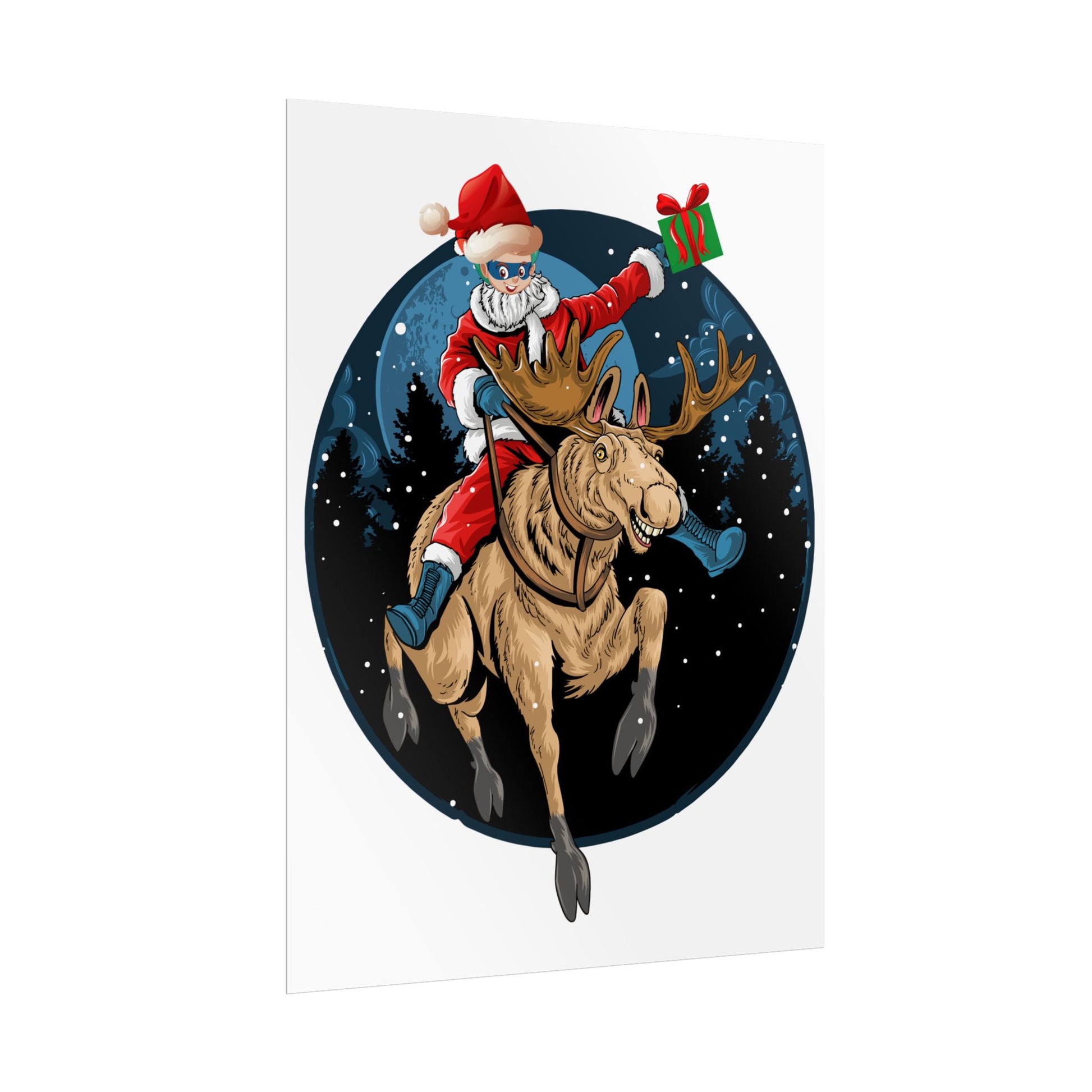 Rolled Posters - Super kiddo riding a reindeer - [[{"value":"Wonderwear Kid"}]]