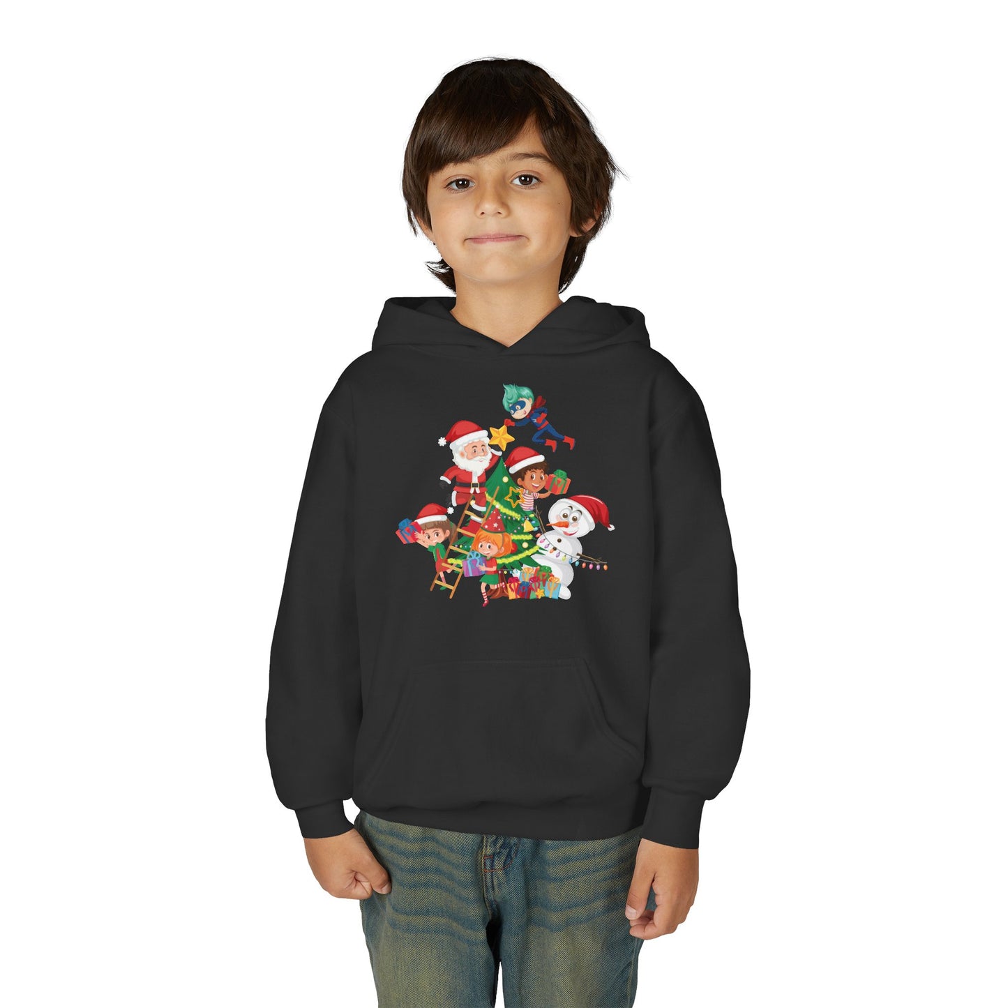 Youth Heavy Blend Hooded Sweatshirt - Super kiddo making christmas tree