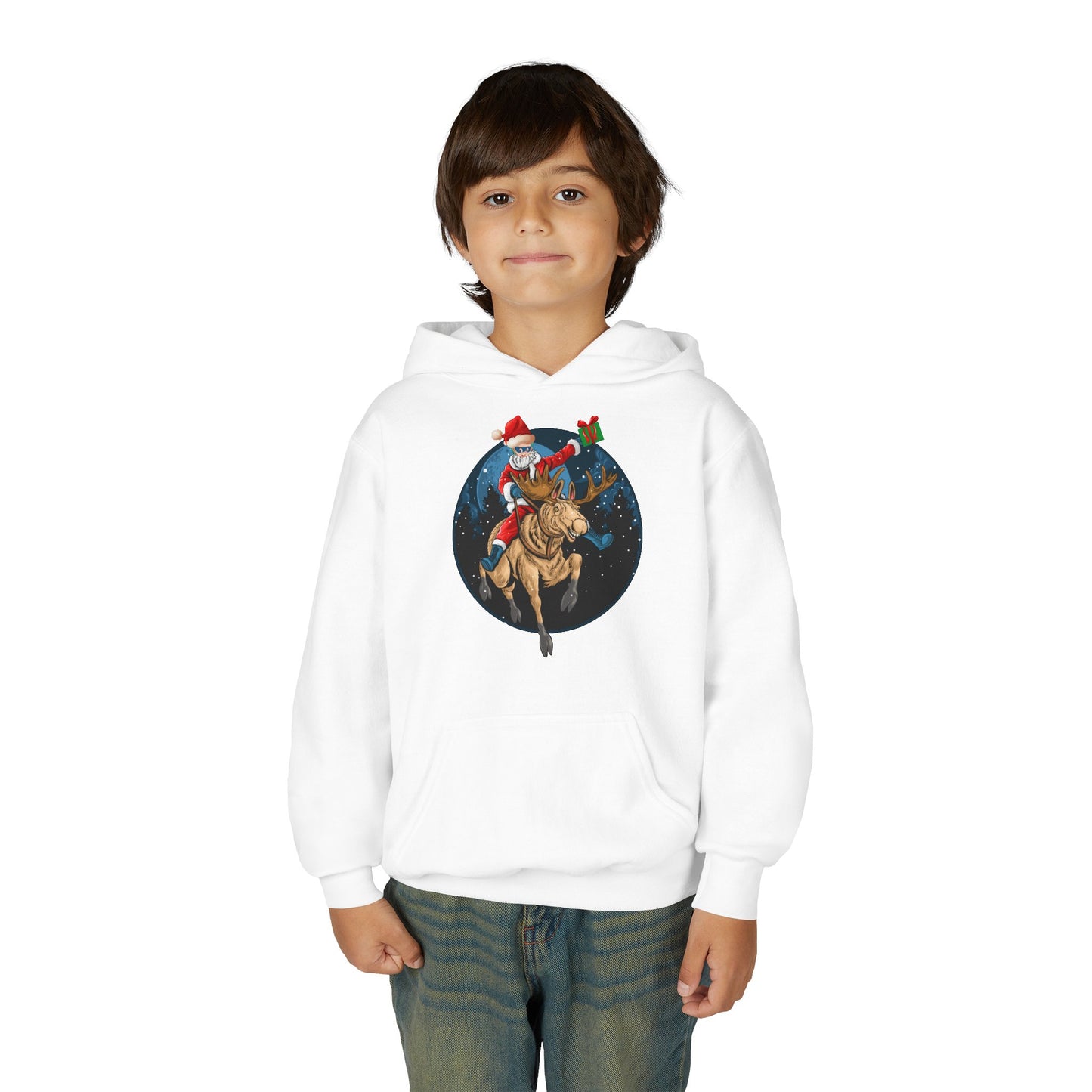 Youth Heavy Blend Hooded Sweatshirt - Super kiddo riding a reindeer