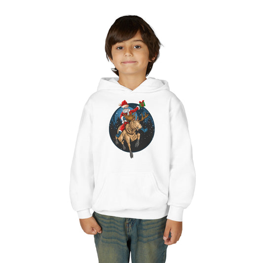 Youth Heavy Blend Hooded Sweatshirt - Super kiddo riding a reindeer
