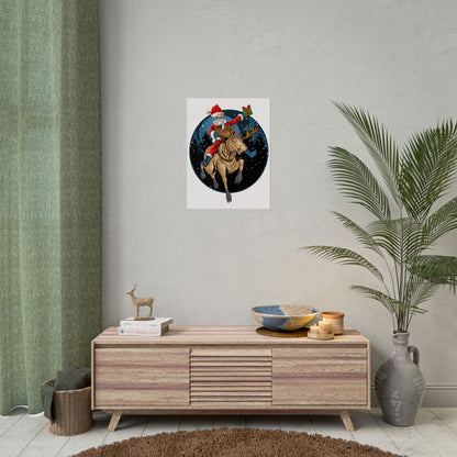 Rolled Posters - Super kiddo riding a reindeer - [[{"value":"Wonderwear Kid"}]]