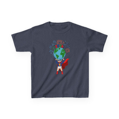 Kids Heavy Cotton™ Tee - Super kiddo holding globe - [[{"value":"Wonderwear Kid"}]]