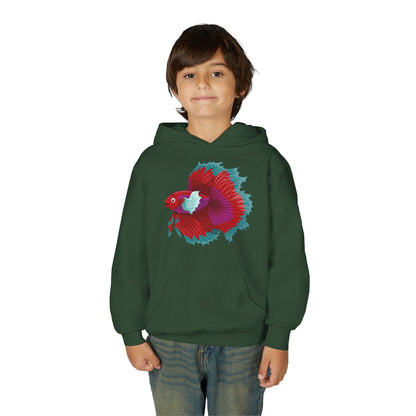Youth Heavy Blend Hooded Sweatshirt - Red Siamese fighting fish Printify