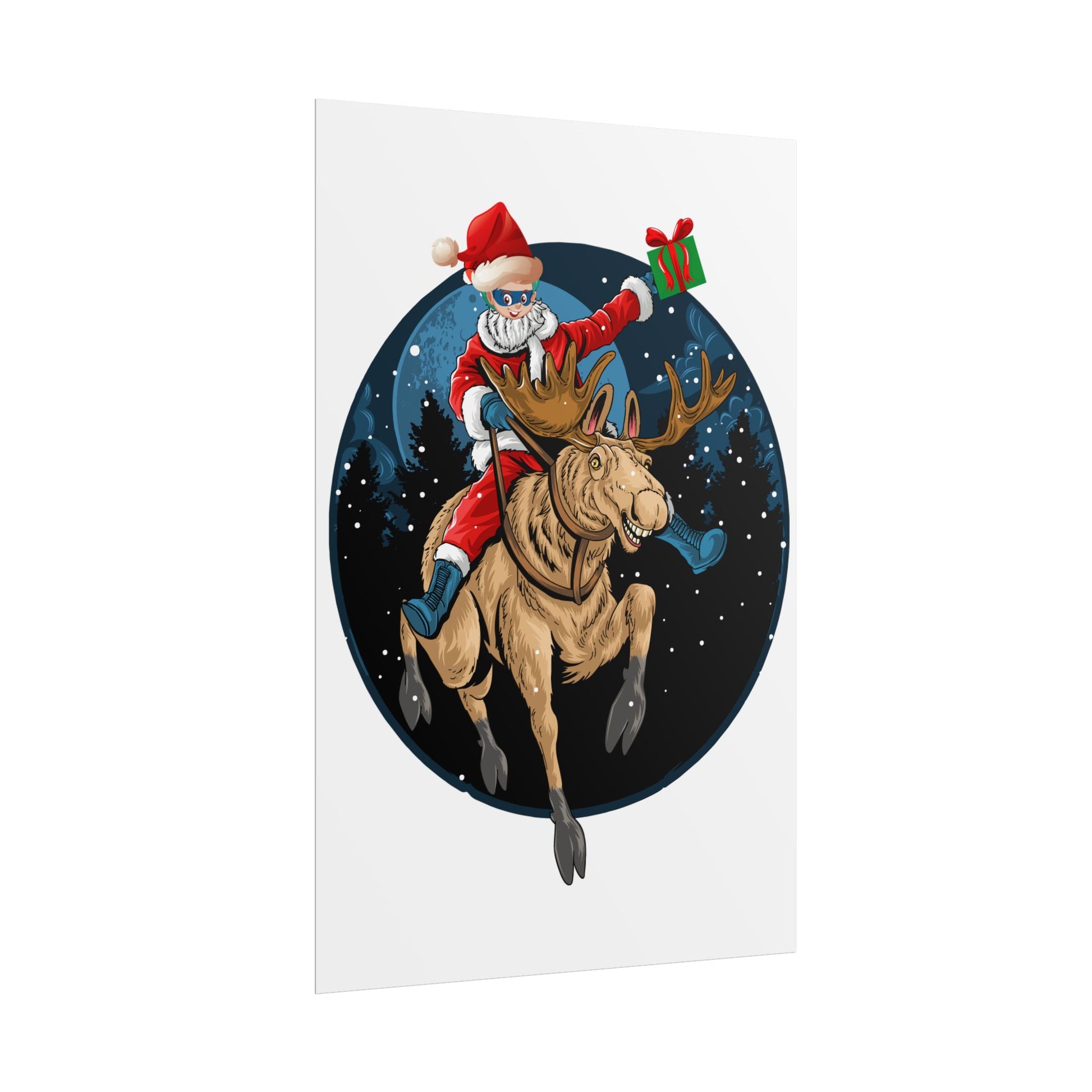Rolled Posters - Super kiddo riding a reindeer - [[{"value":"Wonderwear Kid"}]]