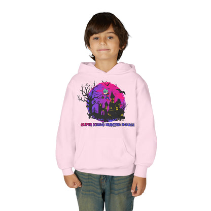Youth Heavy Blend Hooded Sweatshirt - Super kiddo flying on hunted house - [[{"value":"Wonderwear Kid"}]]