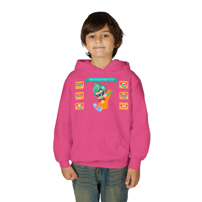 Youth Heavy Blend Hooded Sweatshirt - Super kiddo how to brush teeth - [[{"value":"Wonderwear Kid"}]]