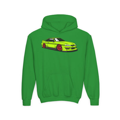 Youth Heavy Blend Hooded Sweatshirt - Yellow green race car Printify