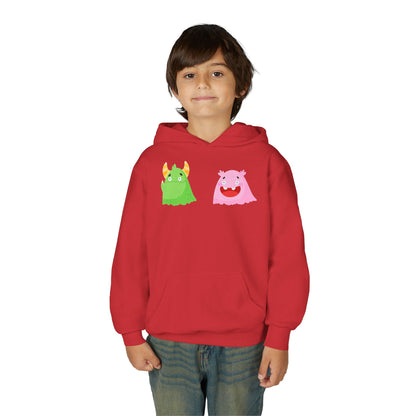 Youth Heavy Blend Hooded Sweatshirt - Green and pink monsters Printify