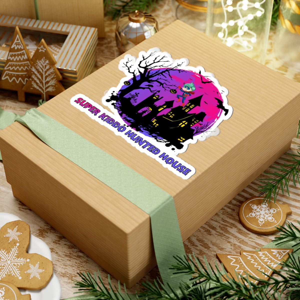 Kiss-Cut Stickers - Super kiddo flying on hunted house - [[{"value":"Wonderwear Kid"}]]