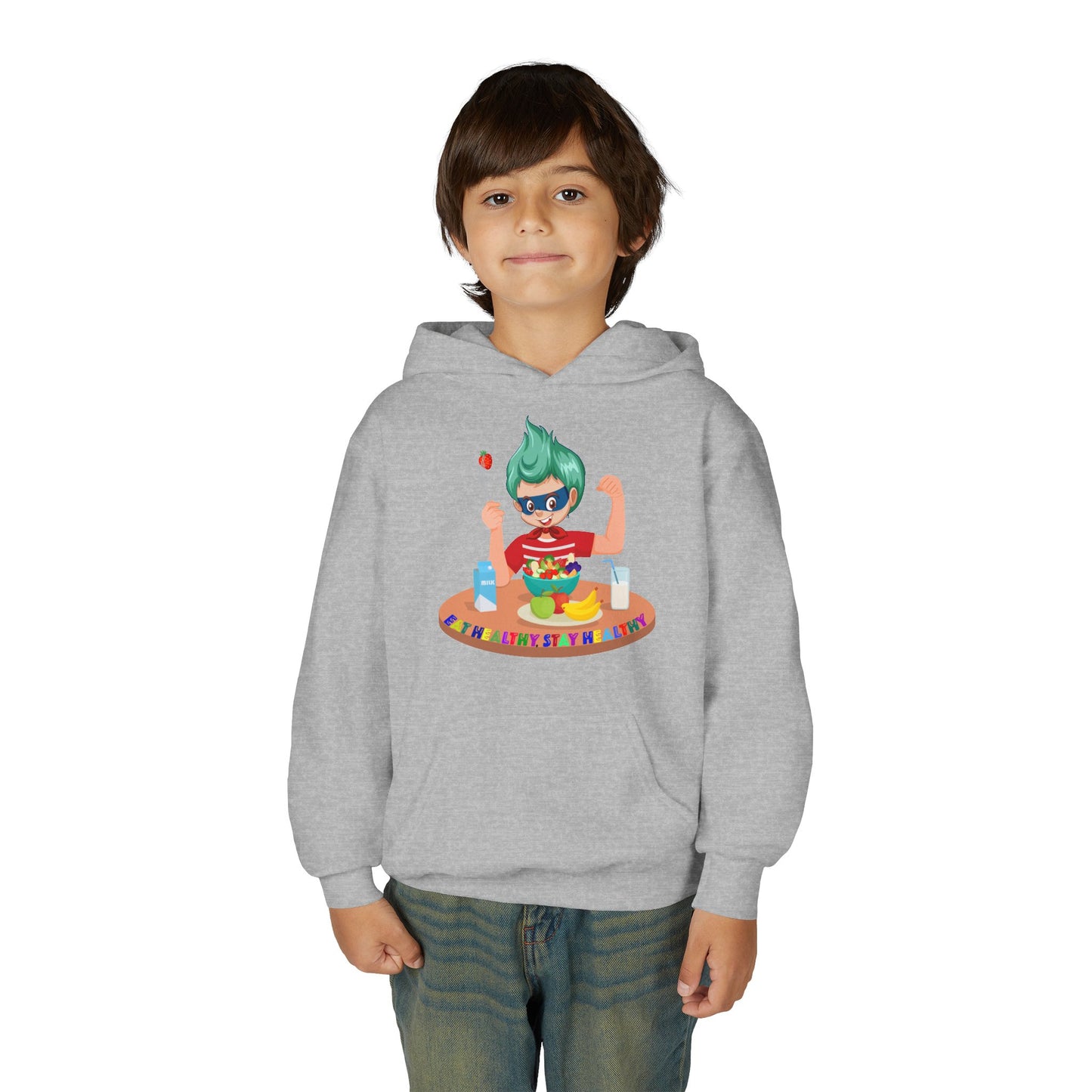 Youth Heavy Blend Hooded Sweatshirt - super kiddo eating healthy food