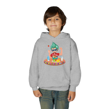 Youth Heavy Blend Hooded Sweatshirt - super kiddo eating healthy food - [[{"value":"Wonderwear Kid"}]]