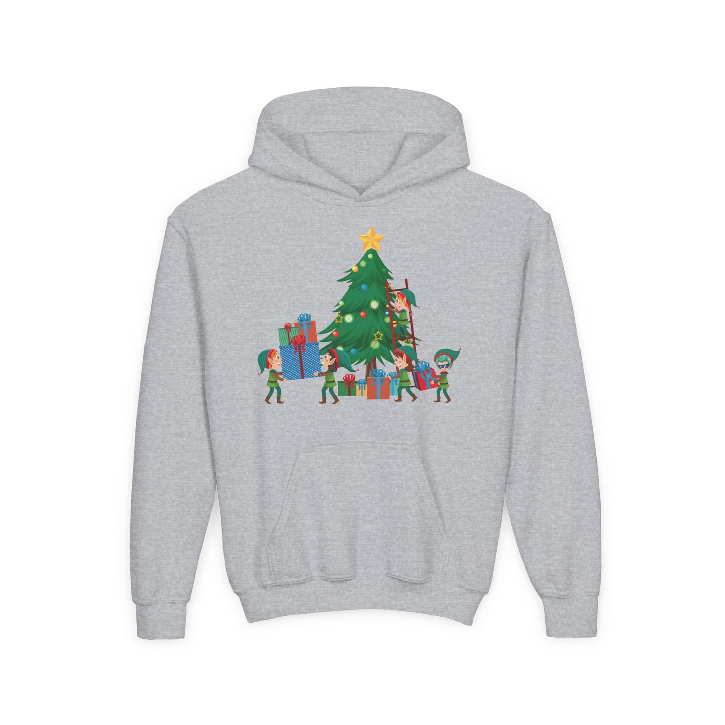 Youth Heavy Blend Hooded Sweatshirt - Super kiddo putting gifts on christmas tree