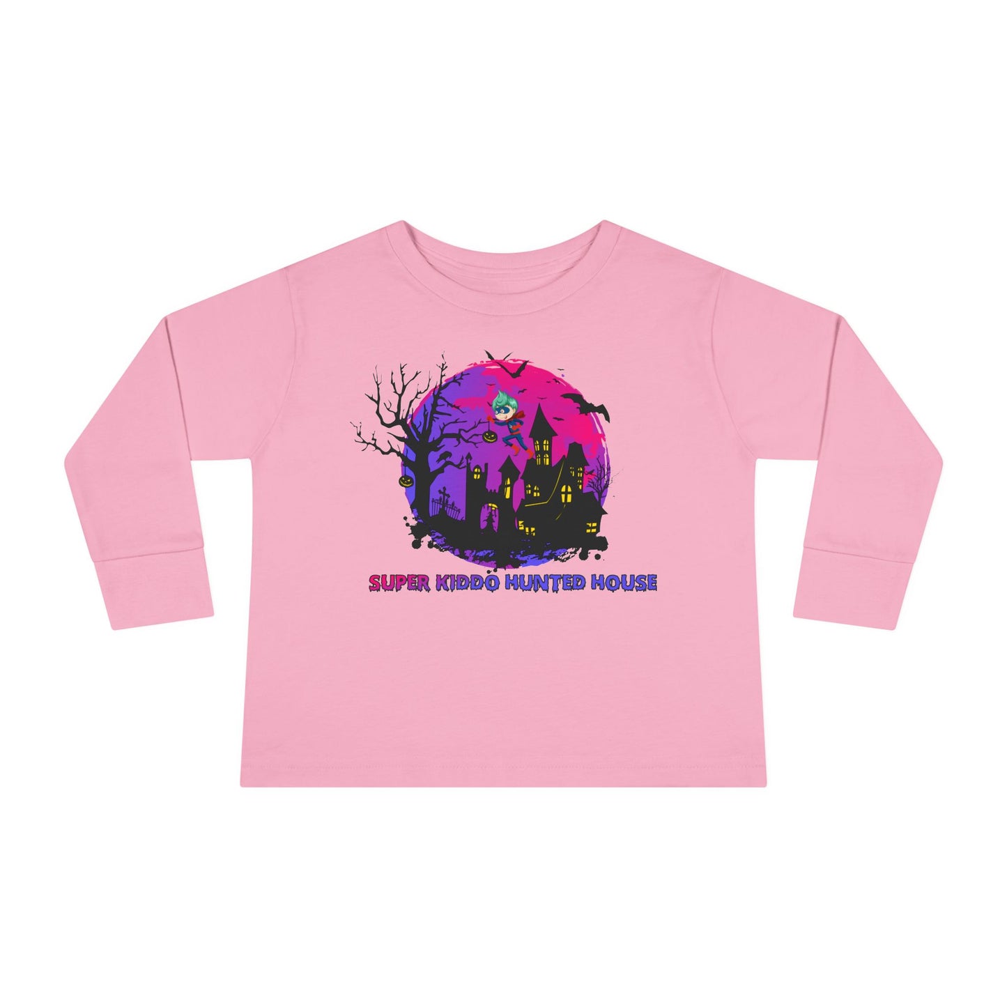 Toddler Long Sleeve Tee - Super kiddo flying on hunted house