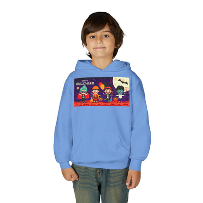Youth Heavy Blend Hooded Sweatshirt - Super kiddo with friends on holloween - [[{"value":"Wonderwear Kid"}]]