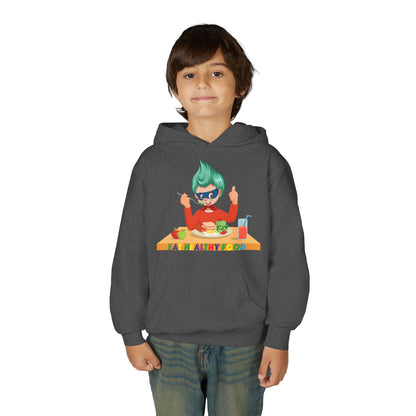 Youth Heavy Blend Hooded Sweatshirt - Super kiddo eating healthy breafast - [[{"value":"Wonderwear Kid"}]]