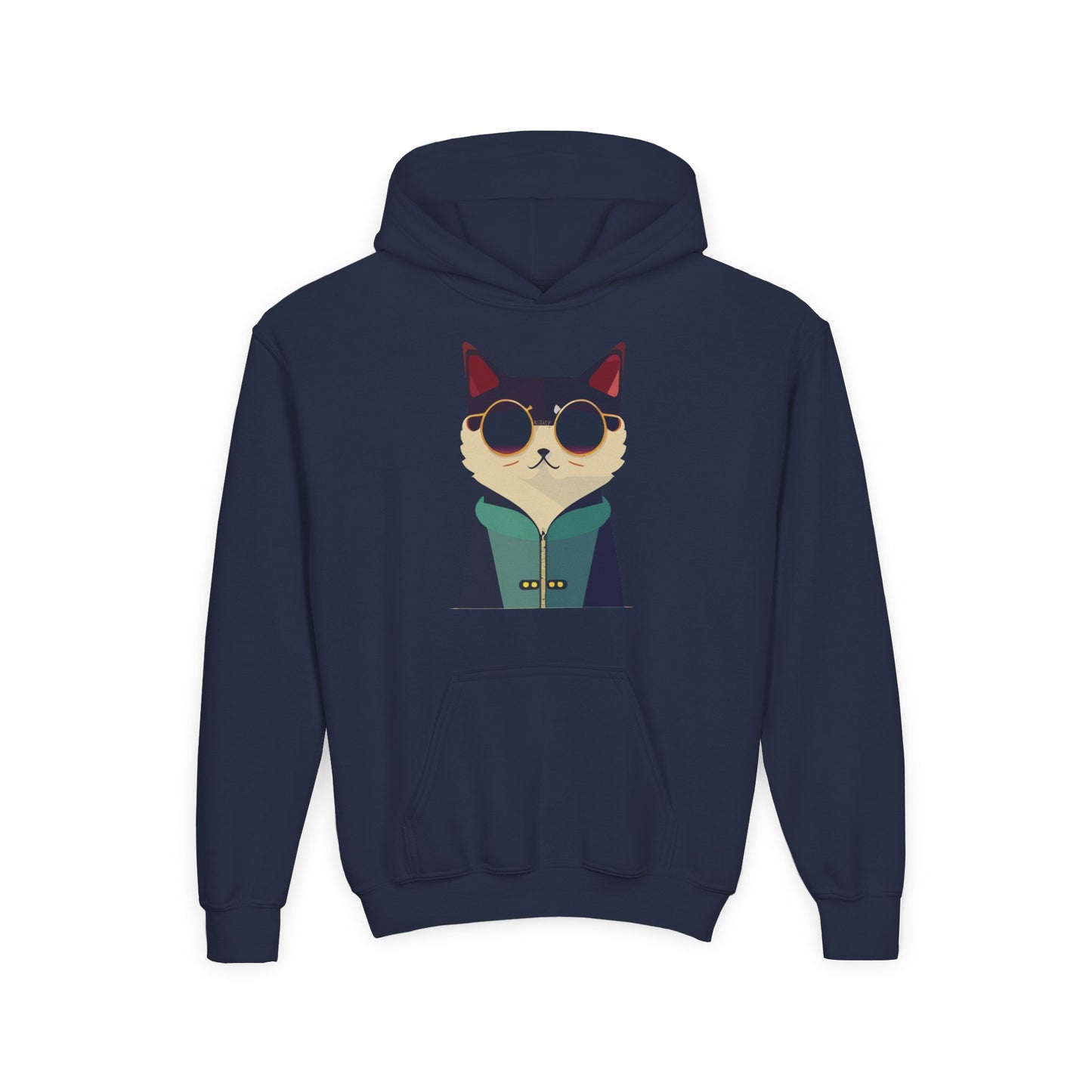 Youth Heavy Blend Hooded Sweatshirt - Cool Cat with Sunglasses