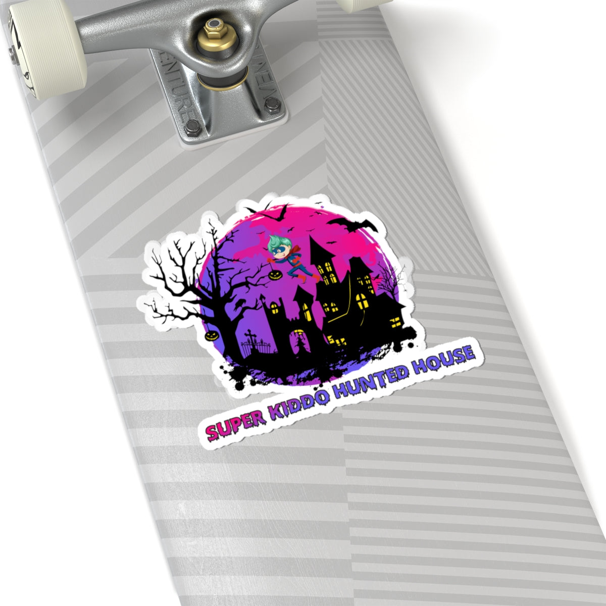 Kiss-Cut Stickers - Super kiddo flying on hunted house - [[{"value":"Wonderwear Kid"}]]