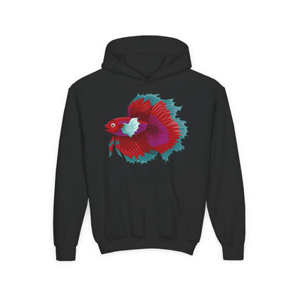 Youth Heavy Blend Hooded Sweatshirt - Red Siamese fighting fish Printify