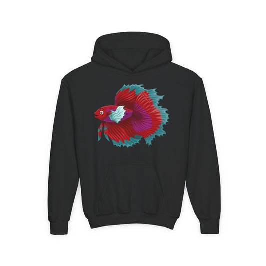 Youth Heavy Blend Hooded Sweatshirt - Red Siamese fighting fish Printify