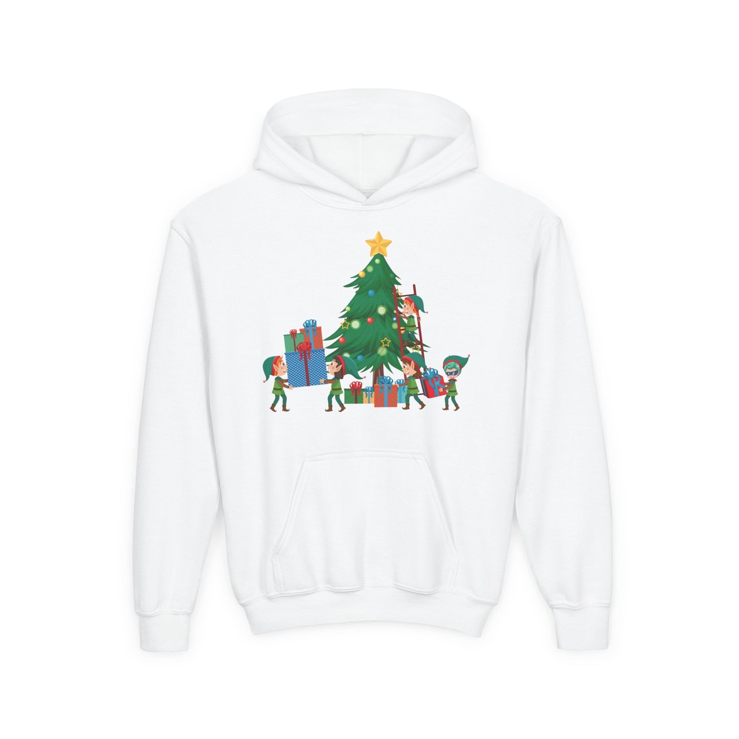 Youth Heavy Blend Hooded Sweatshirt - Super kiddo putting gifts on christmas tree