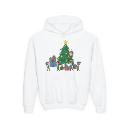 Youth Heavy Blend Hooded Sweatshirt - Super kiddo putting gifts on christmas tree - [[{"value":"Wonderwear Kid"}]]