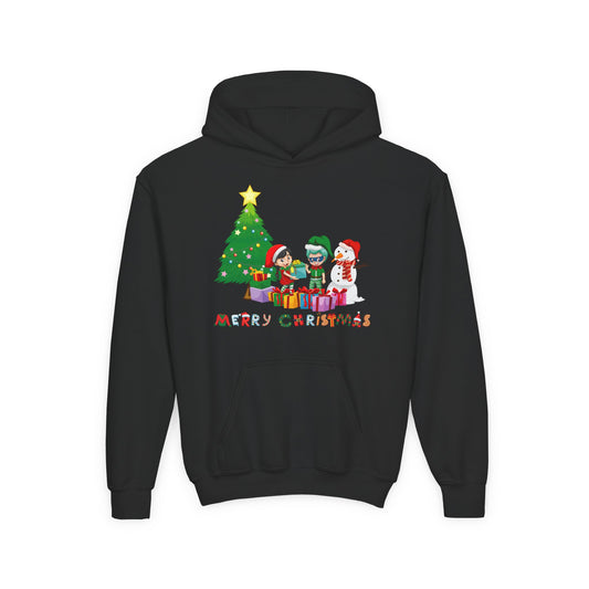 Youth Heavy Blend Hooded Sweatshirt - Super kiddo preparing gifts - [[{"value":"Wonderwear Kid"}]]