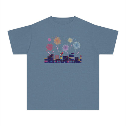 Youth Midweight Tee -  Super kiddo with fireworks - [[{"value":"Wonderwear Kid"}]]