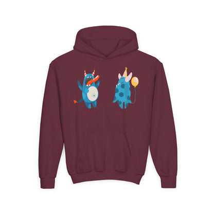 Youth Heavy Blend Hooded Sweatshirt - Blue monsters in action Printify