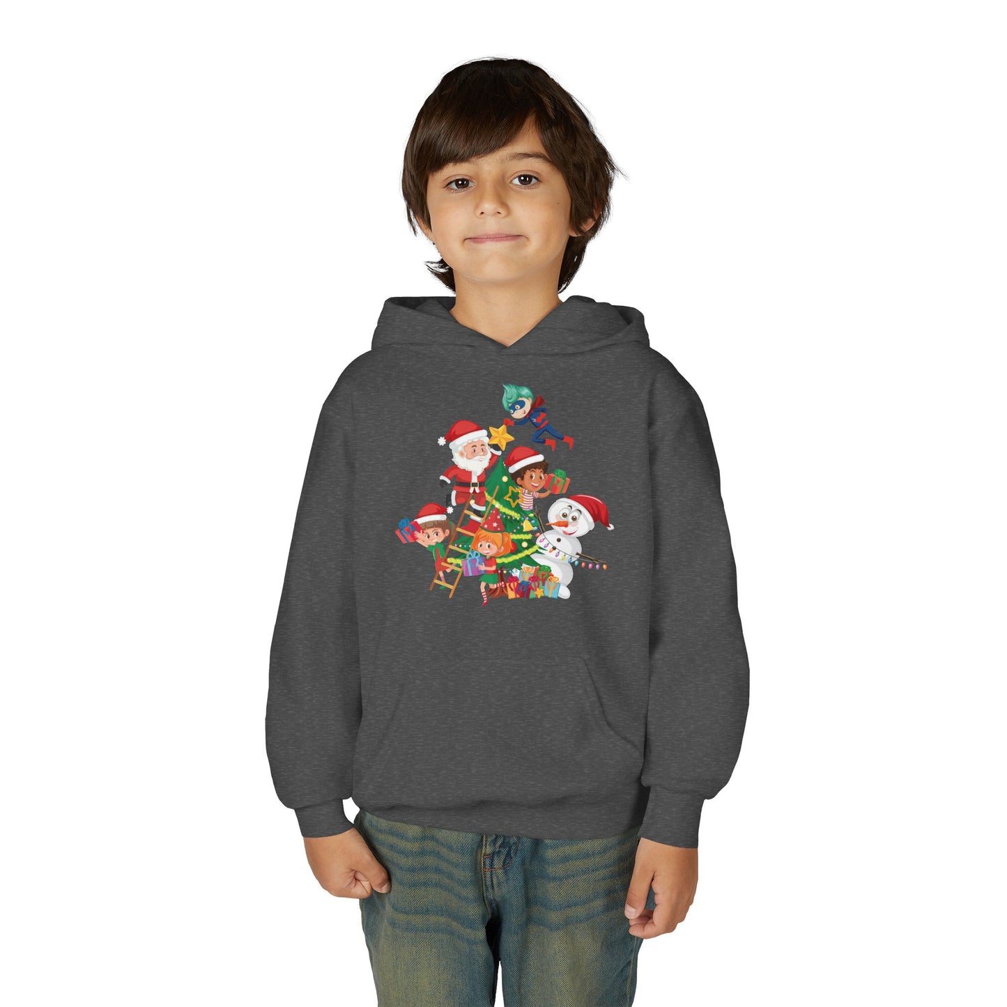 Youth Heavy Blend Hooded Sweatshirt - Super kiddo making christmas tree