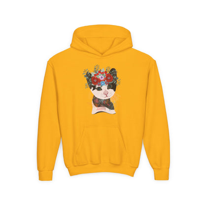 Youth Heavy Blend Hooded Sweatshirt - Lovely cat with crown flower Printify