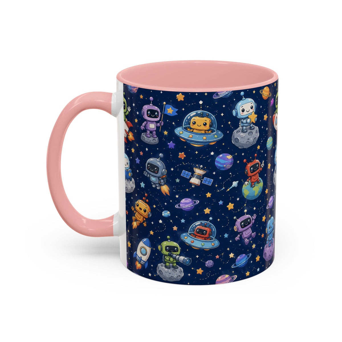 Galactic Robots Accent Coffee Mug — Cute Space Astronaut Pattern (11/15 oz)
