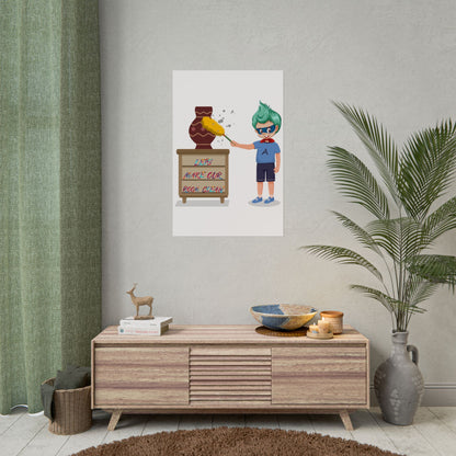 Rolled Posters - Super kiddo cleaning a vase - [[{"value":"Wonderwear Kid"}]]