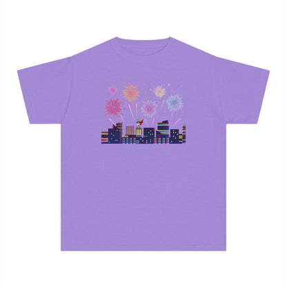 Youth Midweight Tee -  Super kiddo with fireworks - [[{"value":"Wonderwear Kid"}]]