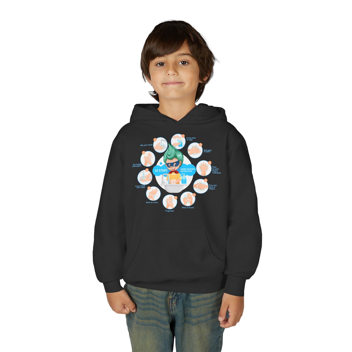 Youth Heavy Blend Hooded Sweatshirt - Super kiddo hand washing steps