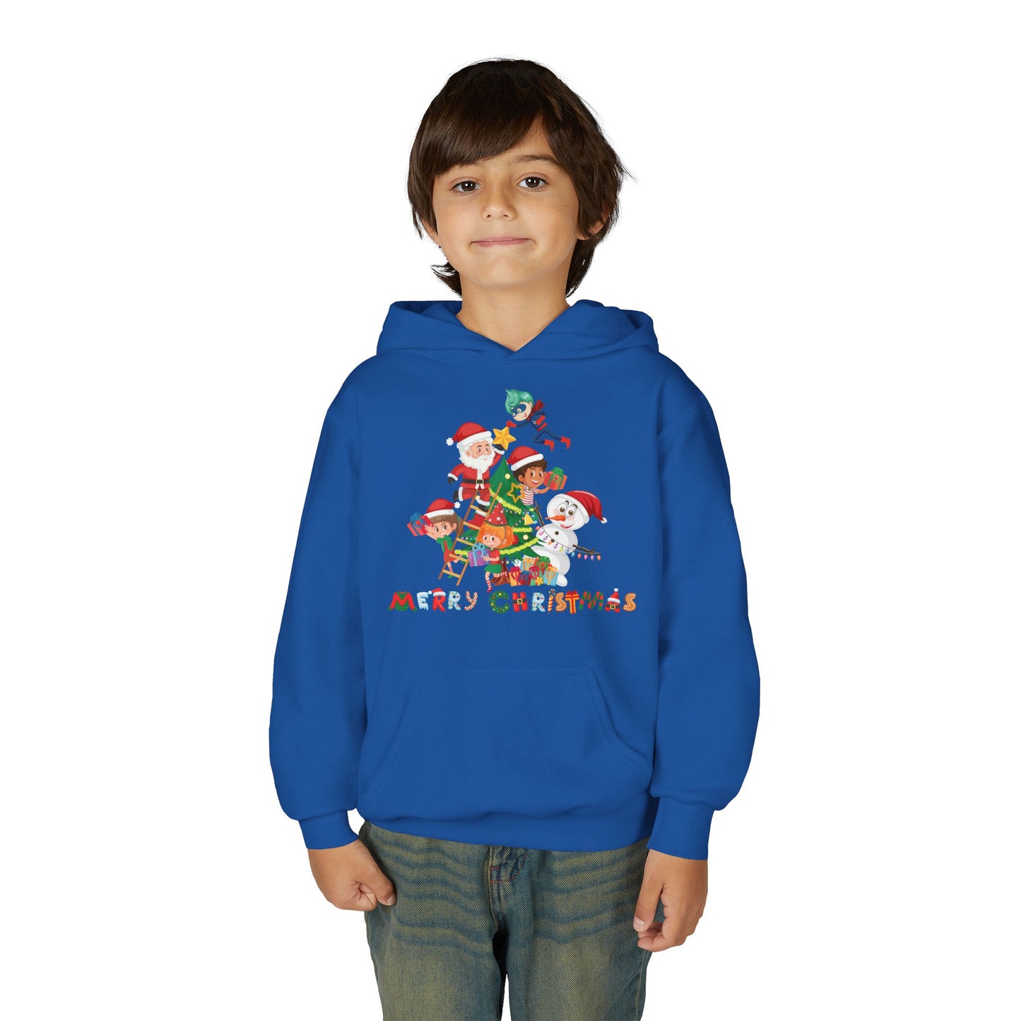 Youth Heavy Blend Hooded Sweatshirt - Super kiddo making christmas tree with text