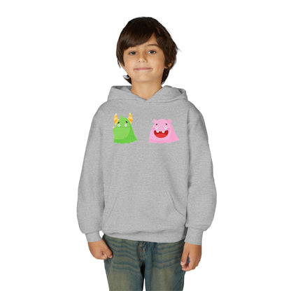 Youth Heavy Blend Hooded Sweatshirt - Green and pink monsters Printify