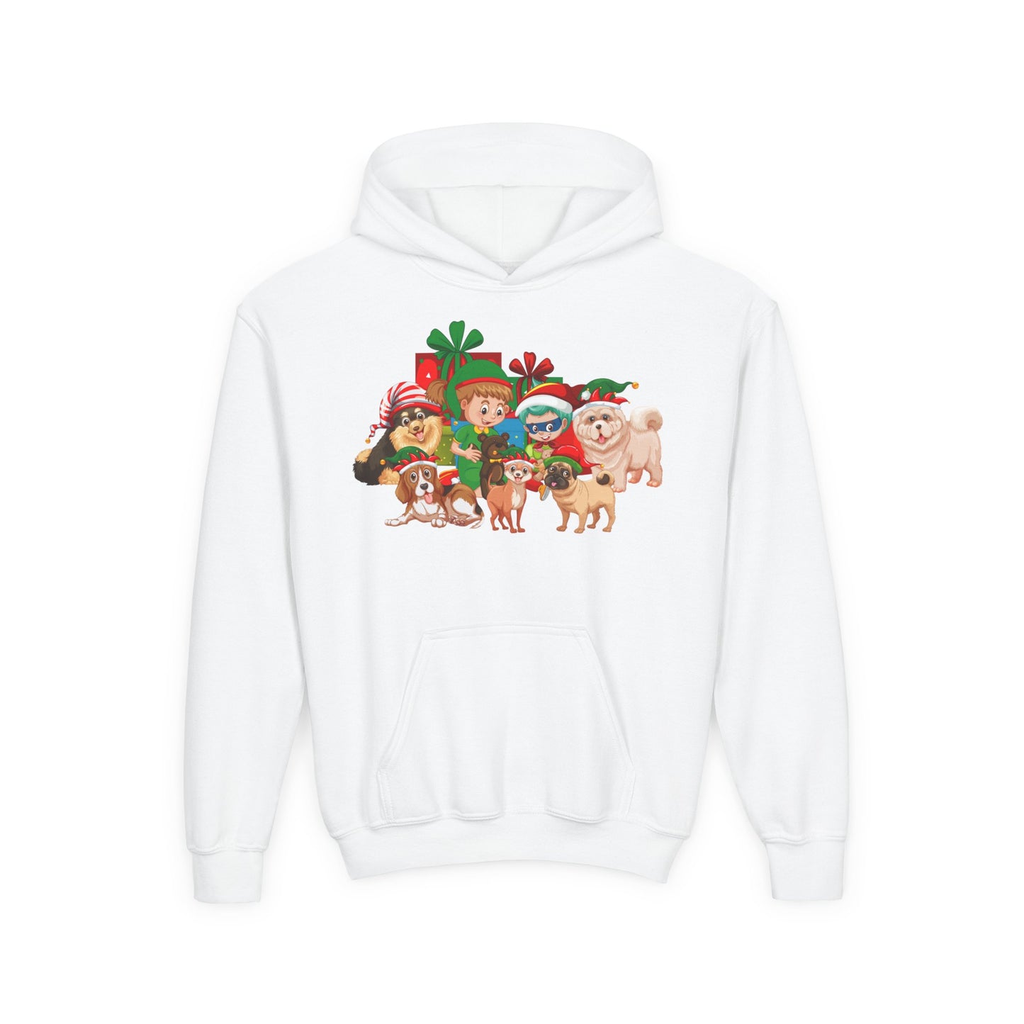 Youth Heavy Blend Hooded Sweatshirt - Christmas with super kiddo pet friends without text
