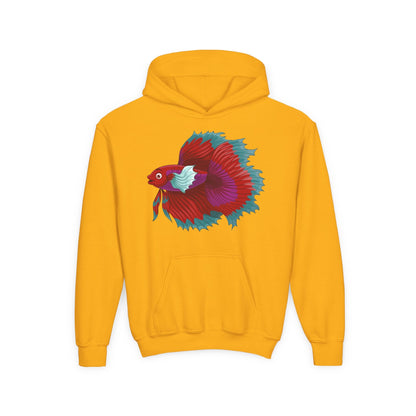 Youth Heavy Blend Hooded Sweatshirt - Red Siamese fighting fish Printify