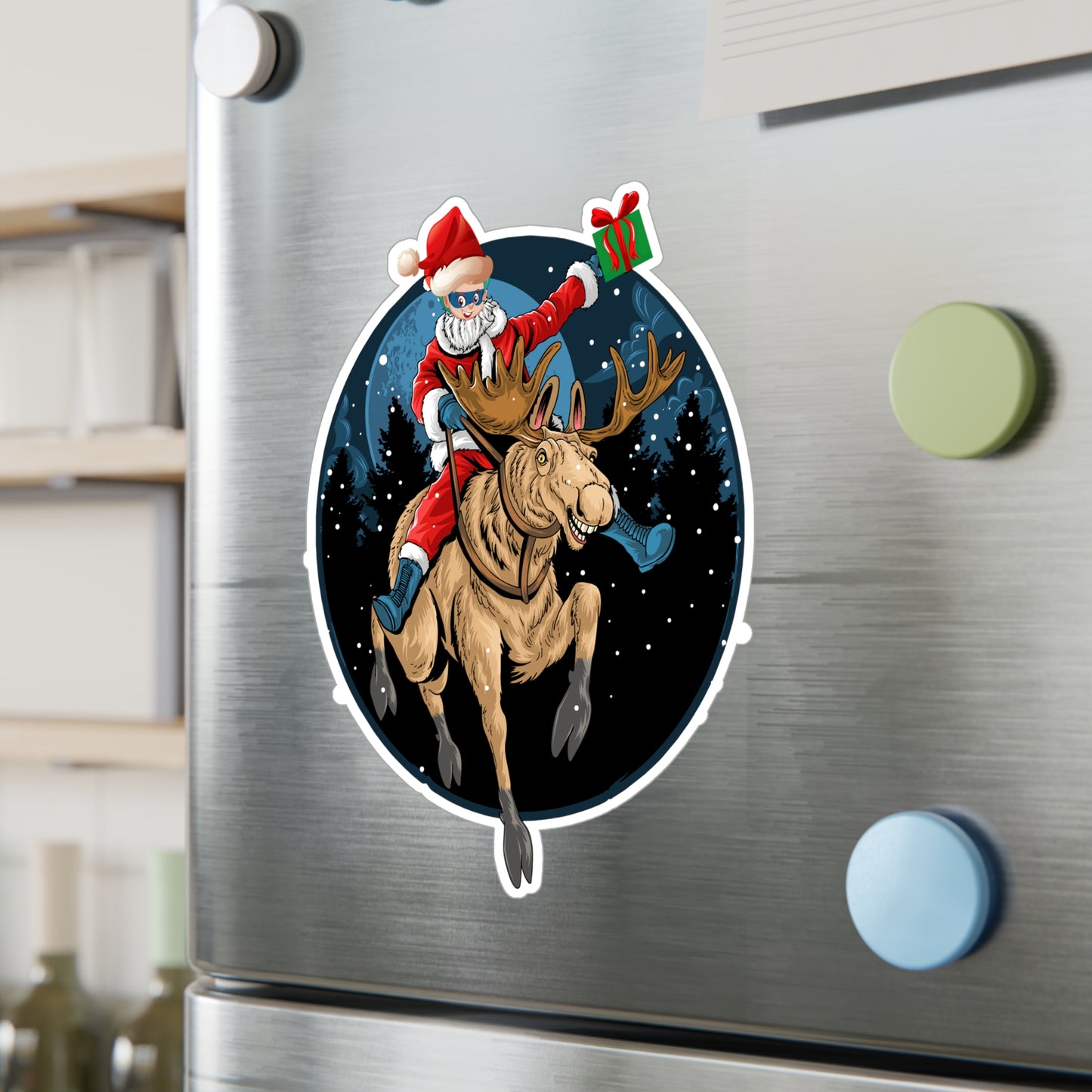 Christmas Kiss-Cut Vinyl Decals – Super kiddo riding a reindeer - [[{"value":"Wonderwear Kid"}]]