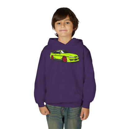 Youth Heavy Blend Hooded Sweatshirt - Yellow green race car Printify