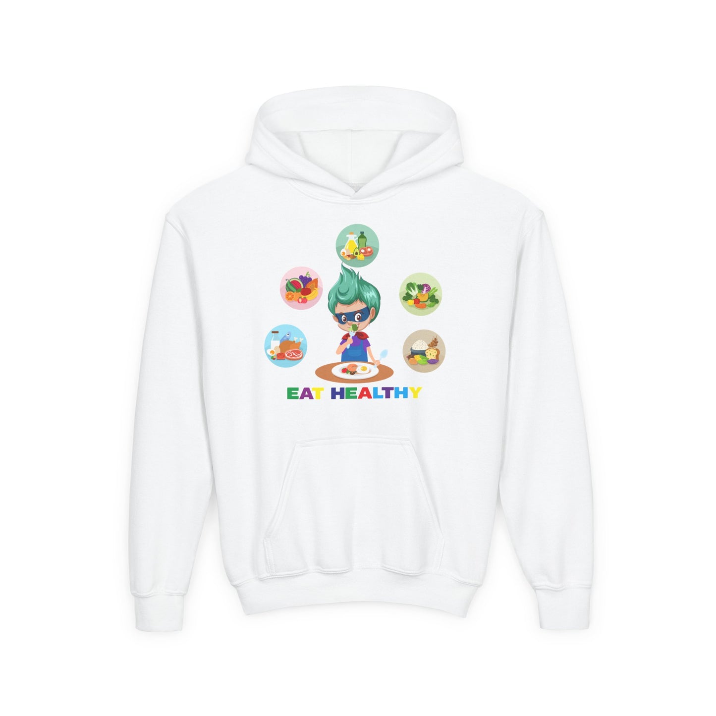 Youth Heavy Blend Hooded Sweatshirt - Supper kiddo showing healthy food to eat