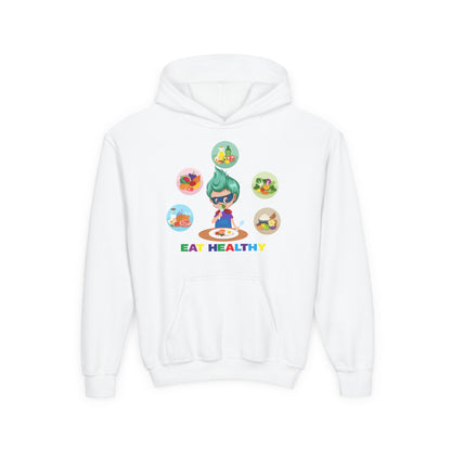 Youth Heavy Blend Hooded Sweatshirt - Supper kiddo showing healthy food to eat - [[{"value":"Wonderwear Kid"}]]