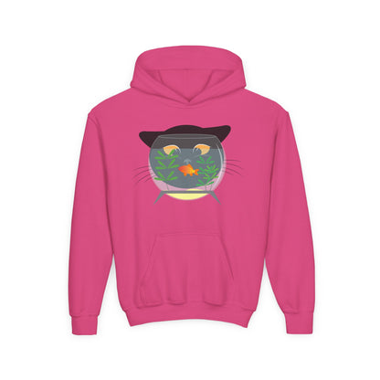 Youth Heavy Blend Hooded Sweatshirt -  Black cat and gold fish Printify