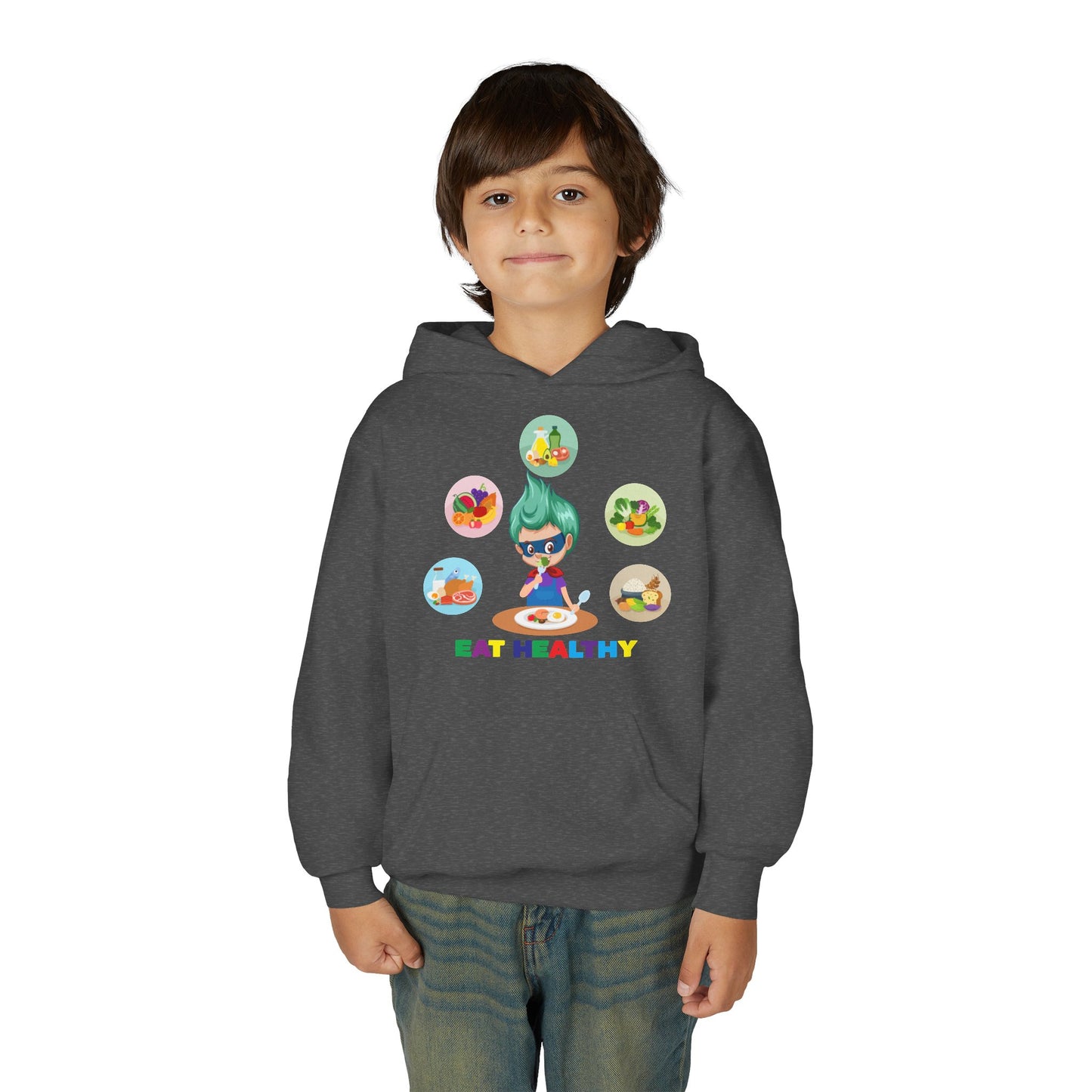 Youth Heavy Blend Hooded Sweatshirt - Supper kiddo showing healthy food to eat