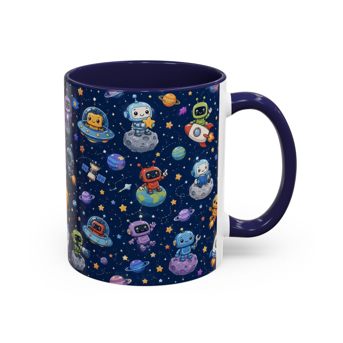 Galactic Robots Accent Coffee Mug — Cute Space Astronaut Pattern (11/15 oz)