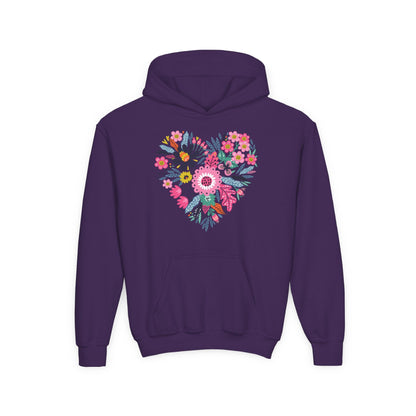 Youth Heavy Blend Hooded Sweatshirt - Flower hearts Printify