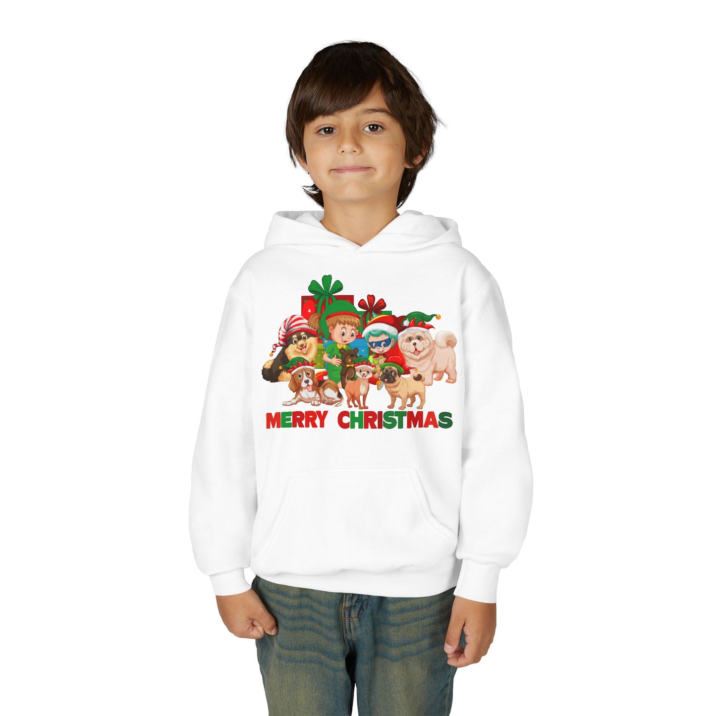 Youth Heavy Blend Hooded Sweatshirt - Christmas with super kiddo pet friends with text