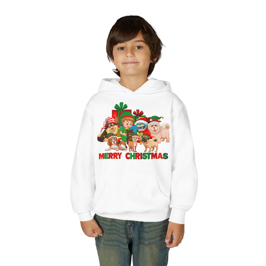 Youth Heavy Blend Hooded Sweatshirt - Christmas with super kiddo pet friends with text
