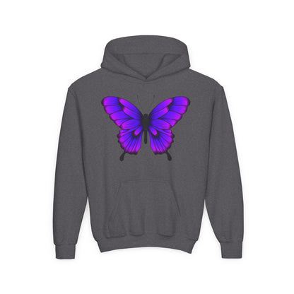 Youth Heavy Blend Hooded Sweatshirt - Tropical purple butterfly Printify